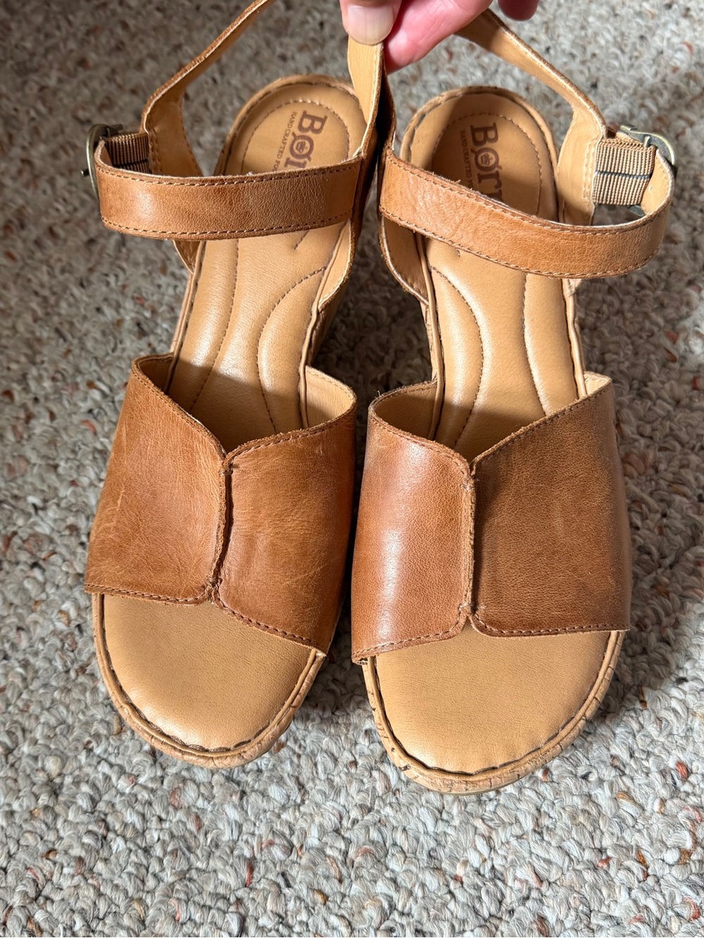 Born 9 Tan Leather Platform Cork Wedge Sandals